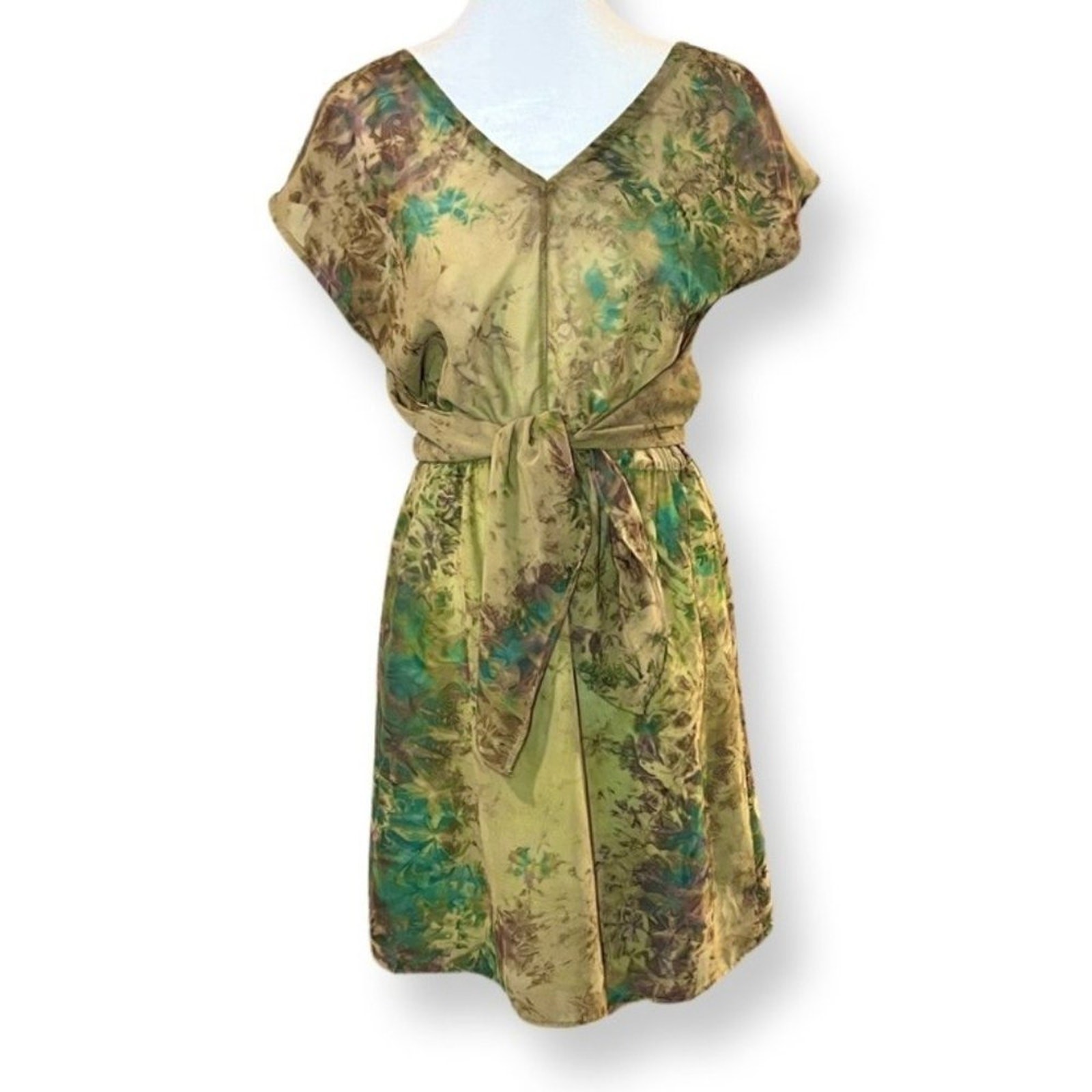 Earth Toned Water Color Print Tie-Front Elastic Waist Sheer Boho Dress Medium