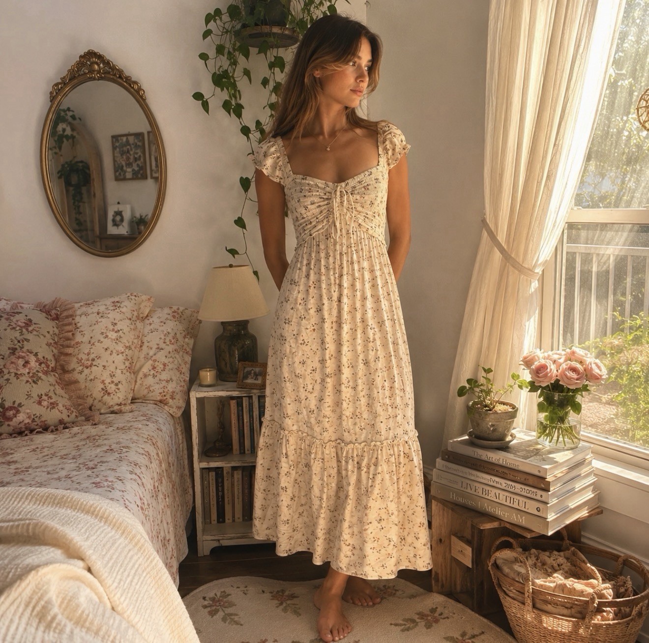 Arizona Jean Co Beige Floral Smocked Square Neck Tie Ruffle Midi Dress XS
