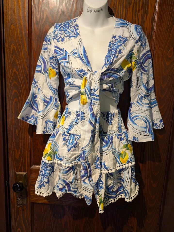 LUISA POSITANO 2pc Dress Wrap Crop Top/ Tiered Mini Skirt Set Sicilian Lemon 4E