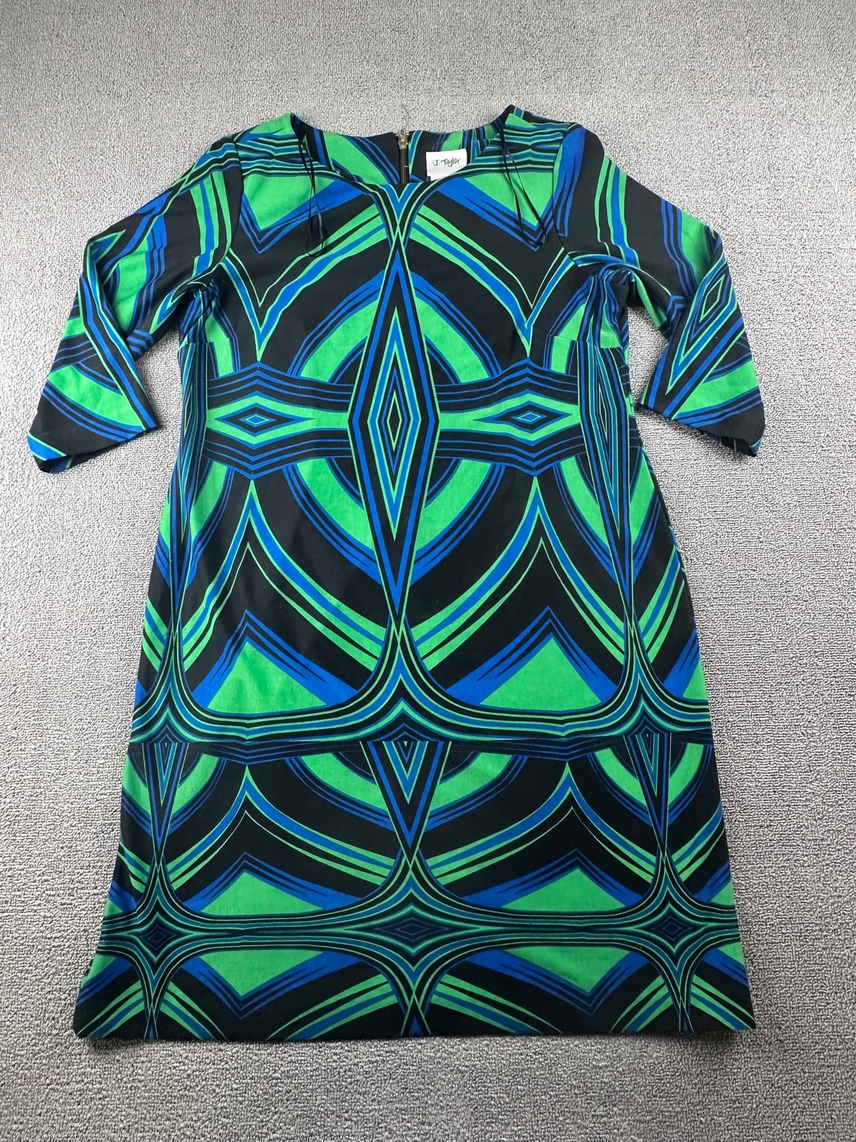 J. Taylor Dress Women 16 Multi Color Geometric 3/4 Sleeve Sheath Artistic Formal