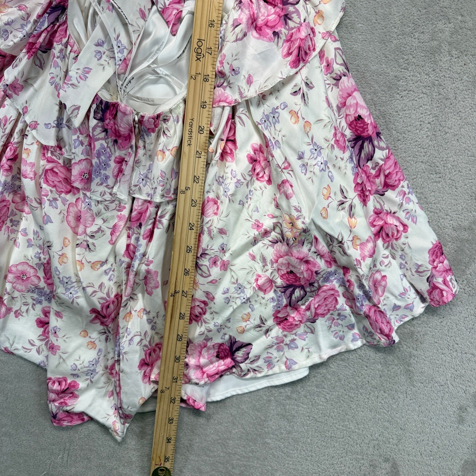 For Love & Lemons Dress Women’s XS Lucia Mini White Pink Floral Puff Sleeve Open