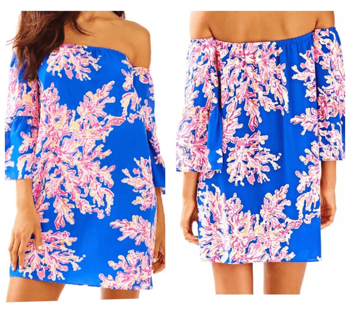 Lilly Pulitzer Sanilla Silk Dress Off The Shoulder xxs coral blue pink