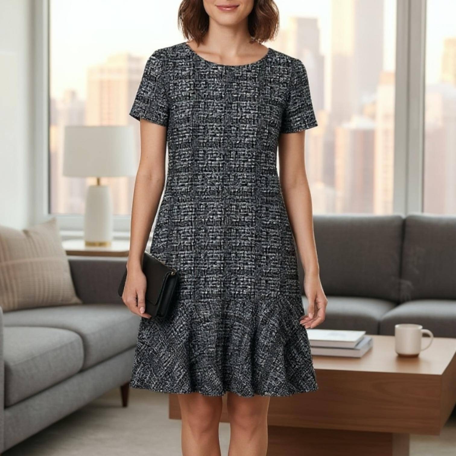 Maison Jules Tweed Dress Size L Flounce Hem Short Sleeve Black and White,