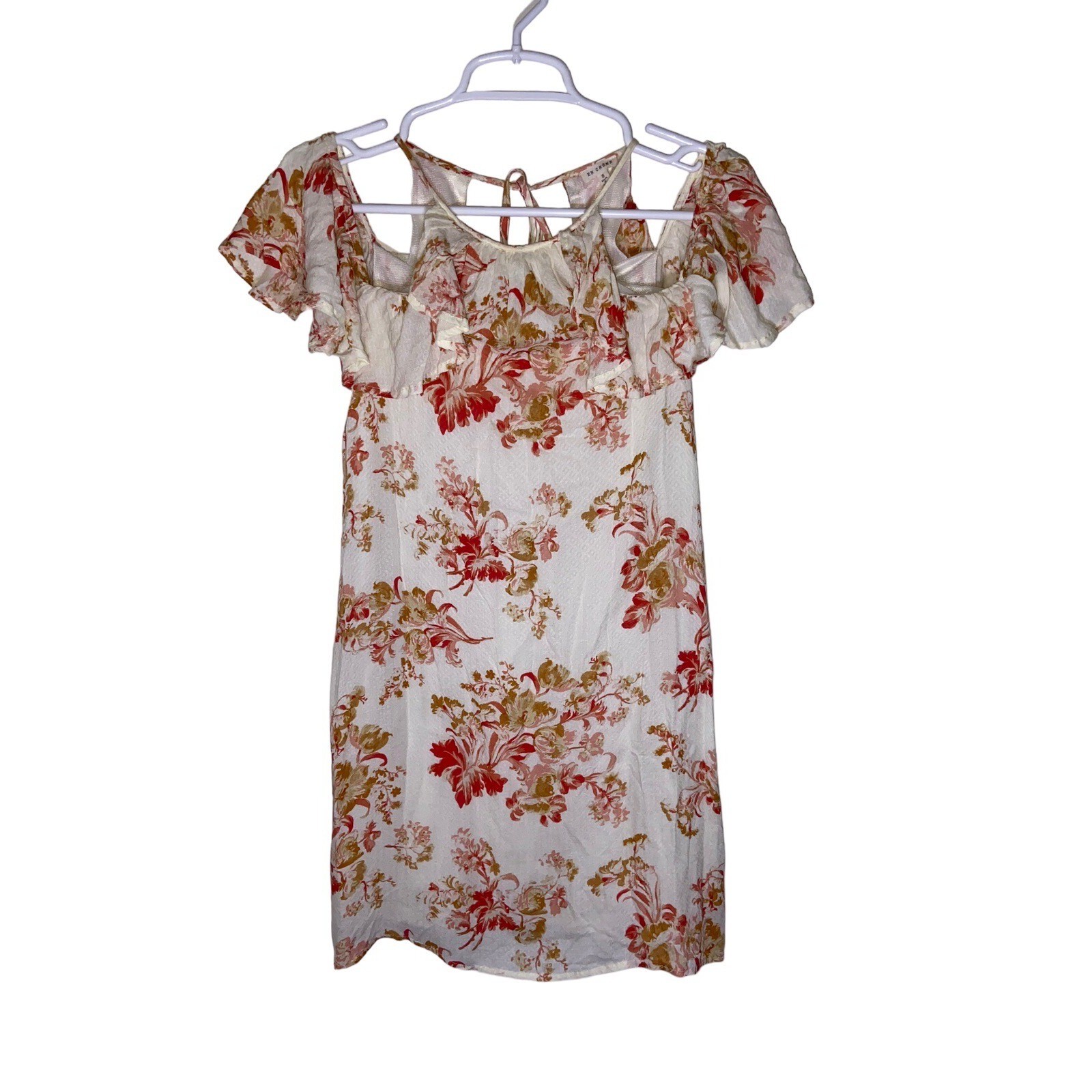 En Creme Floral Cold Shoulder Ruffle Mini Dress Boho Cottagecore Romantic Size S