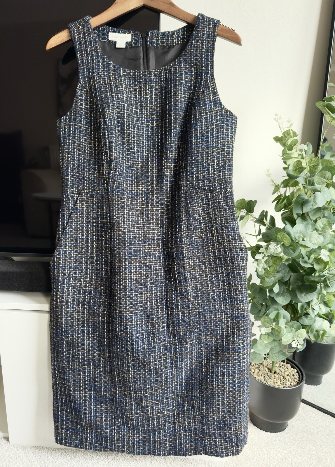 Monsoon UK 10 Blue & Black Tweed Bouclé Dress – Sleeveless Smart Work Office