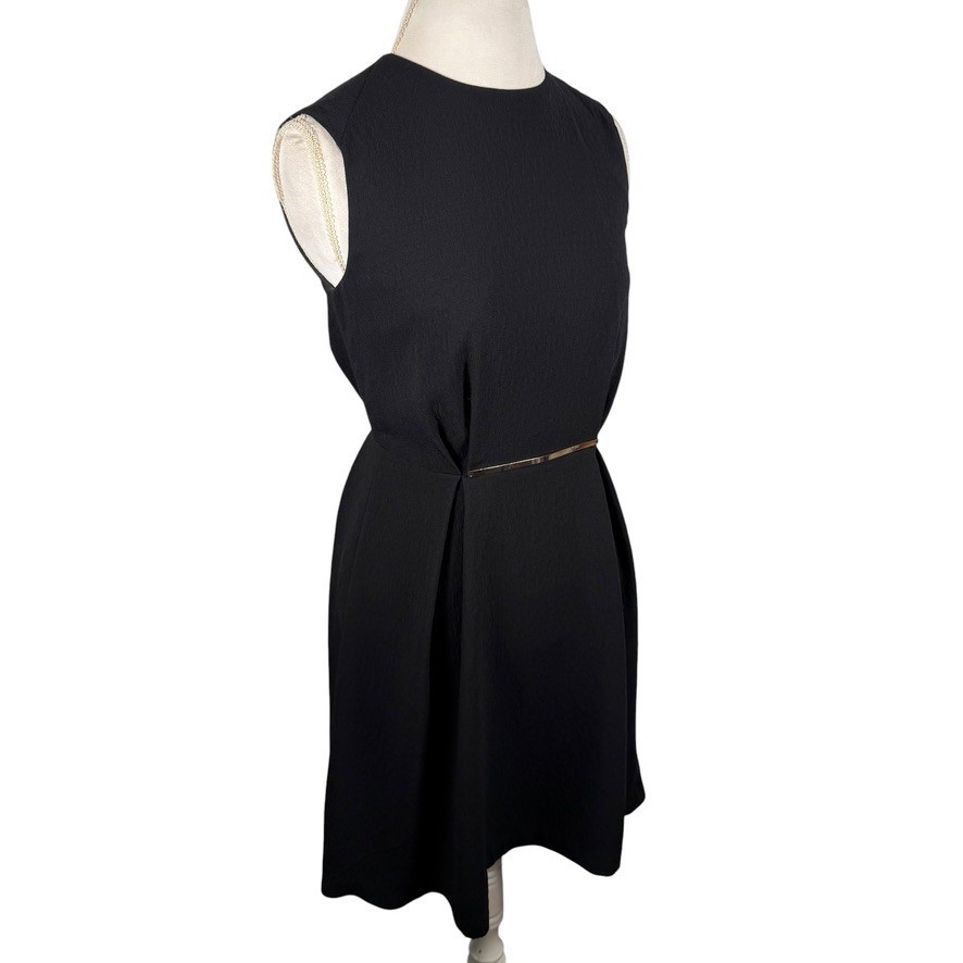 Zara Basic Black Sleeveless Dress Gold Metal Belt Minimalist Career Chic Size S