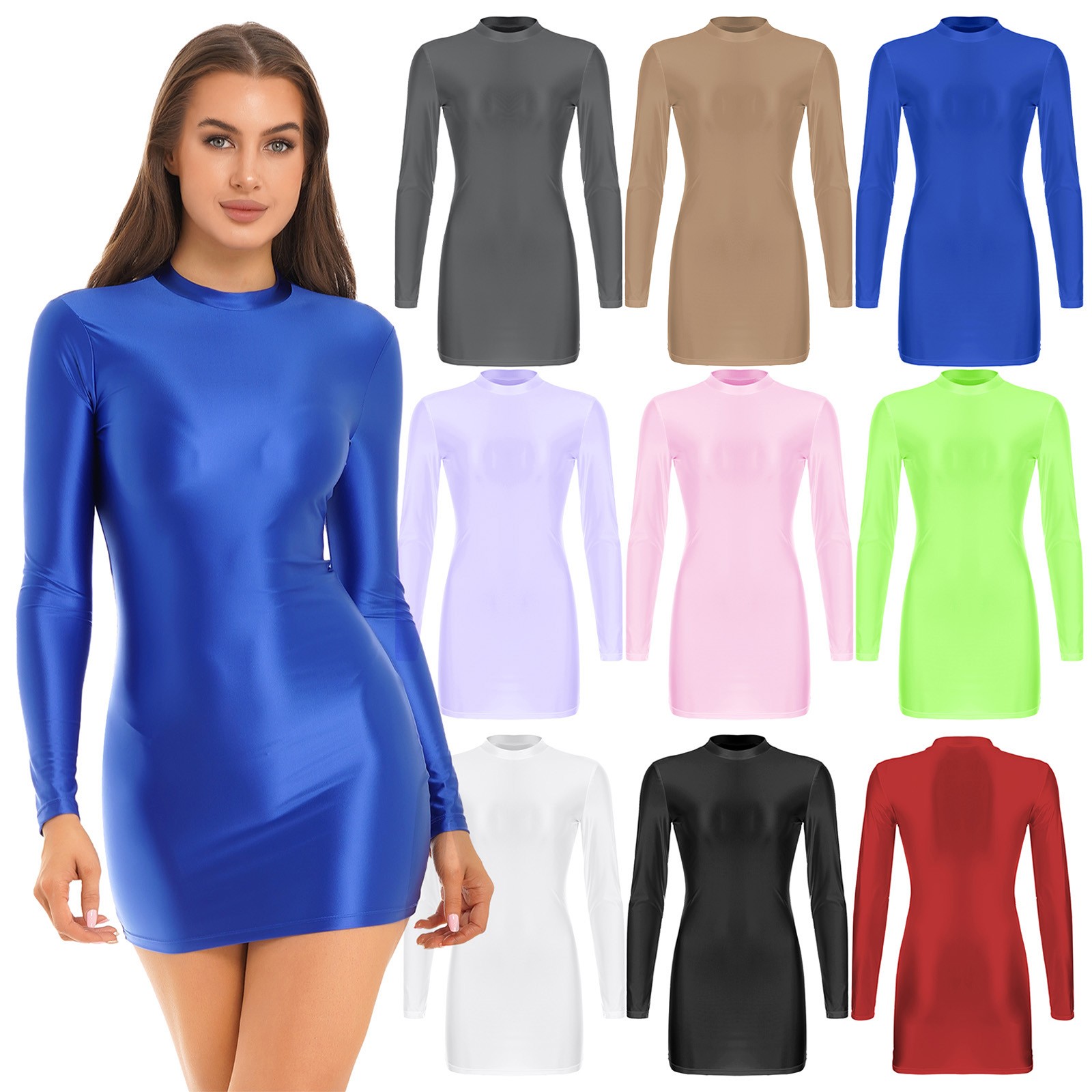 US Womens Glossy Bodycon Mini Dress Oil Shiny Sheer Pencil Dress Sexy Clubwear