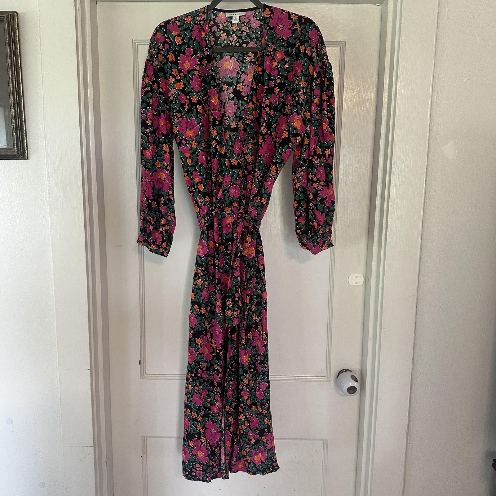 Topshop Dress Womens 6 Multicolor Floral Wrap Maxi Belted Long Sleeve V Neck