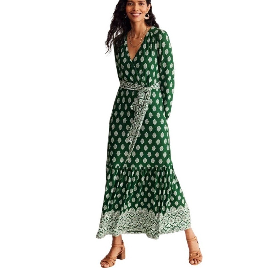 Boden Ophelia Wrap Dress Womens 8 Green White Jersey Block Print Tiered Maxi