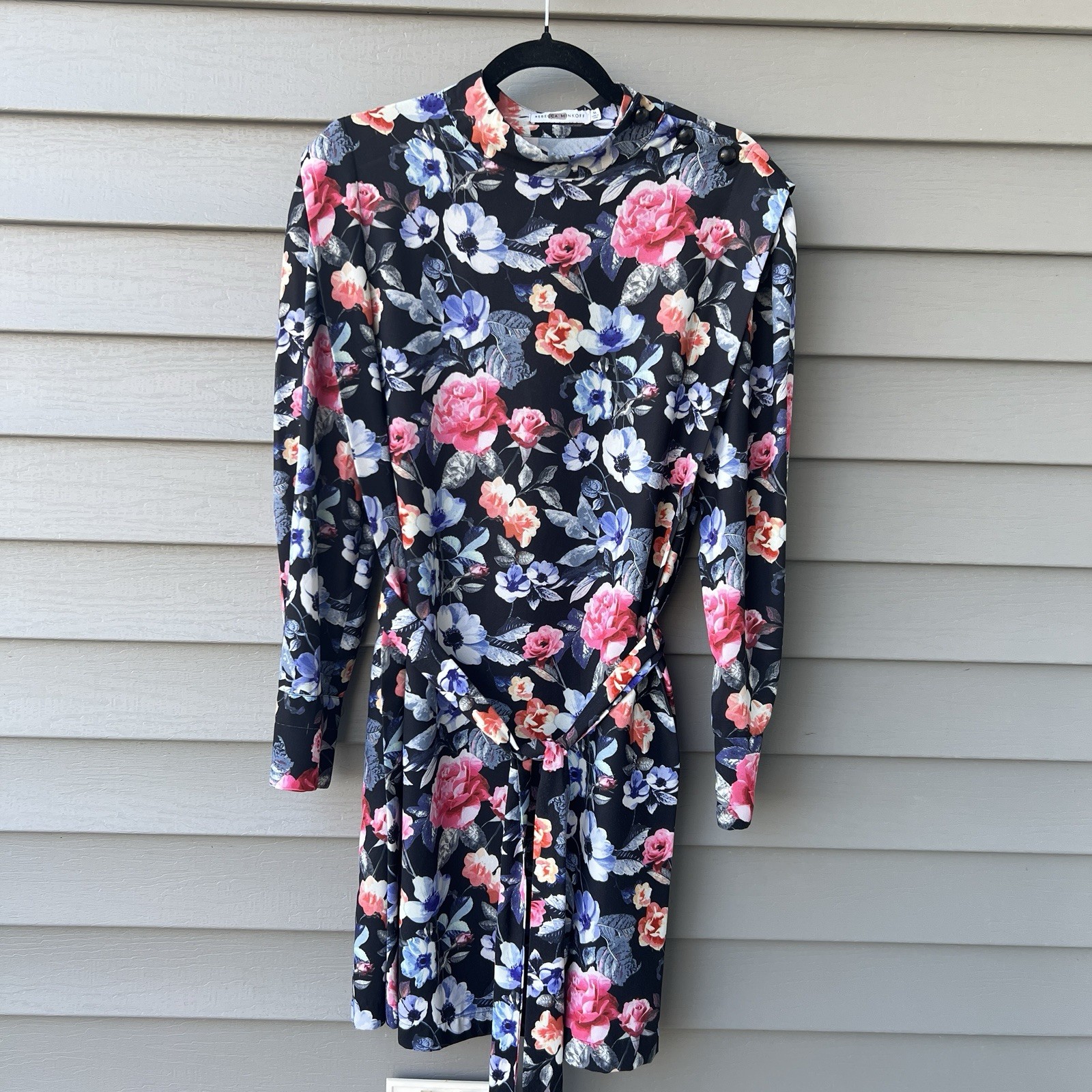 Rebecca Minkoff Floral Trudy Dress Black Mock Neck Tie Slash Multicolor Size M