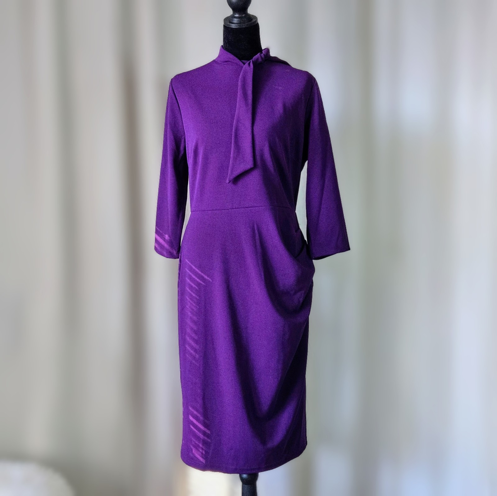 Miusol L Purple Retro Tie Neck Ruched Sheath Midi Dress Half Collar Career