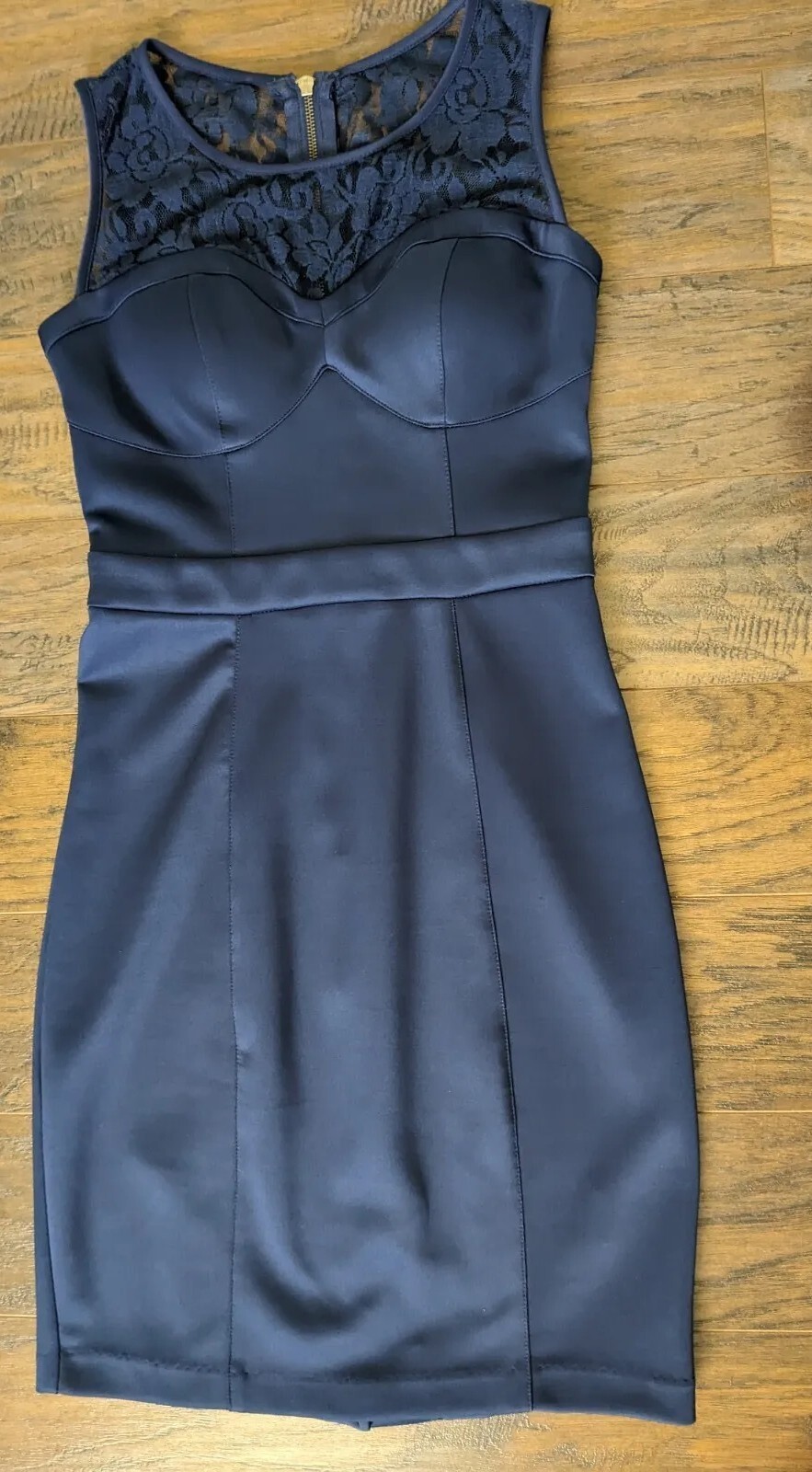 XOXO Navy Blue Dress, high stretch, embroidery, double lining, classic