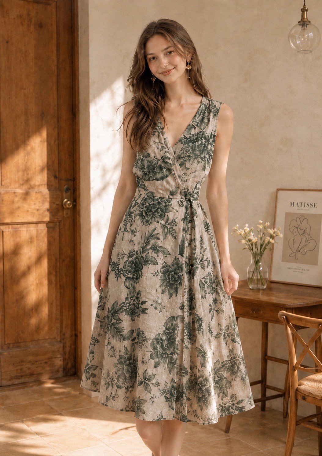 Calvin Klein Beige Green Floral Sleeveless V-Neck Belted Maxi Dress 2 NWT