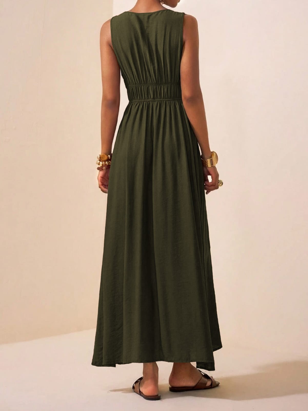 2026 Women’s V Neck Sleeveless Maxi Dress Solid Color Beaded Summer Long Dress