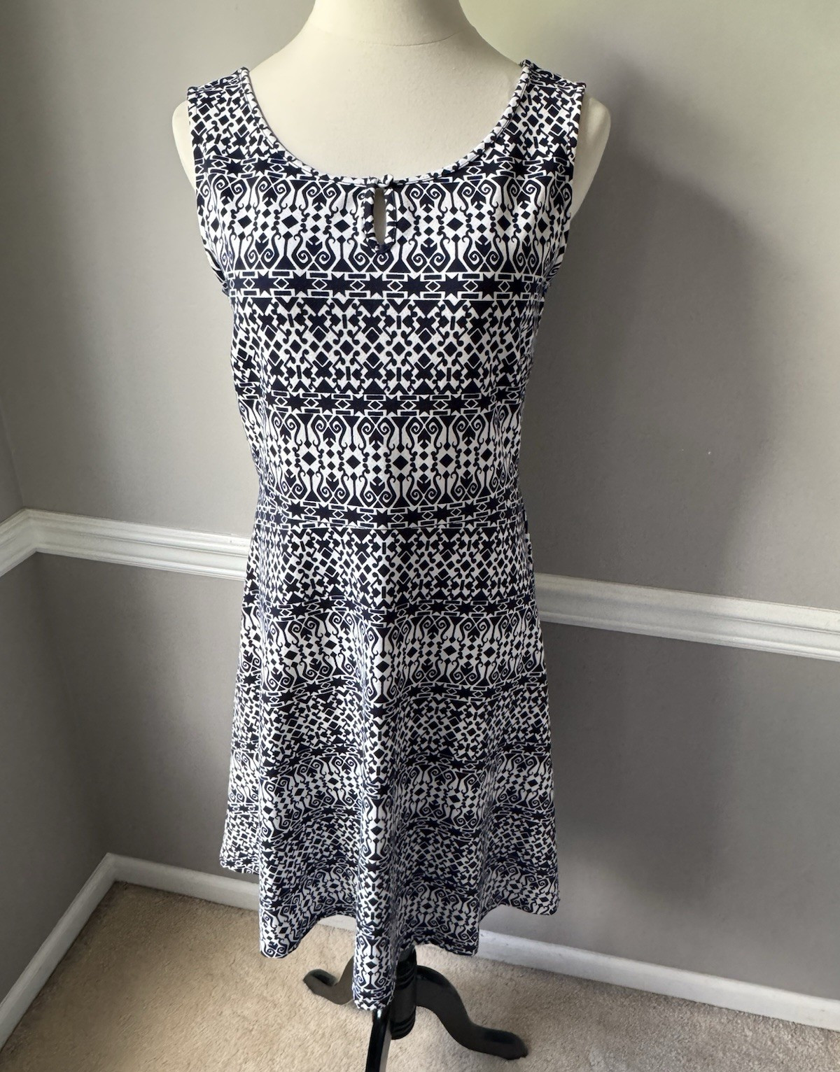 Talbots Women’s Blue White Geometric A-Line Knit Stretch Scoop Neck Dress M