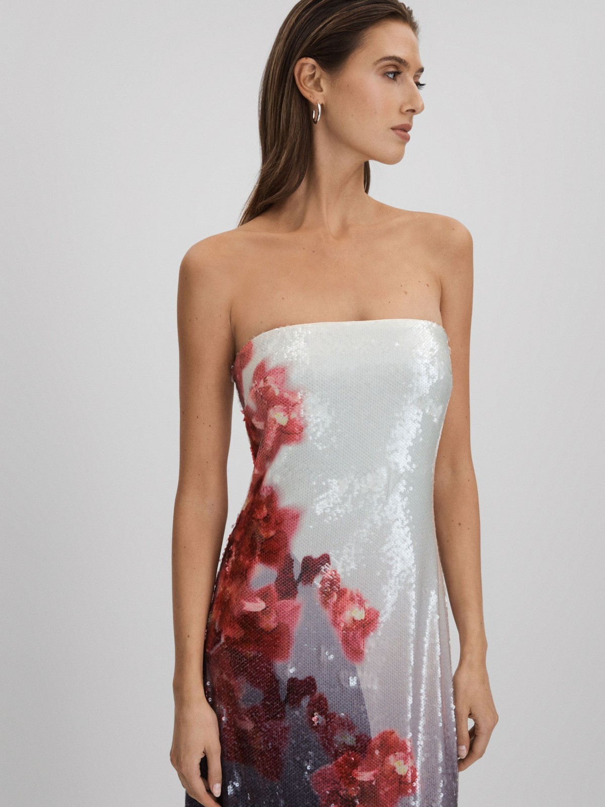 REISS Spencer Halston Sequin Strapless Maxi Dress in Grey Multi in UK Size 6