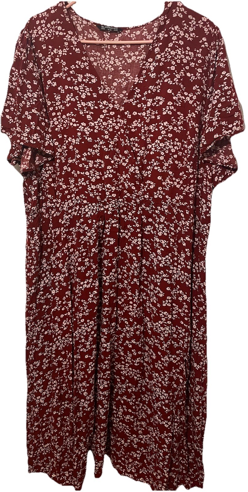 BloomChic US 26 Burgundy Floral Maxi Dress Faux Wrap Flutter Sleeve Plus Size