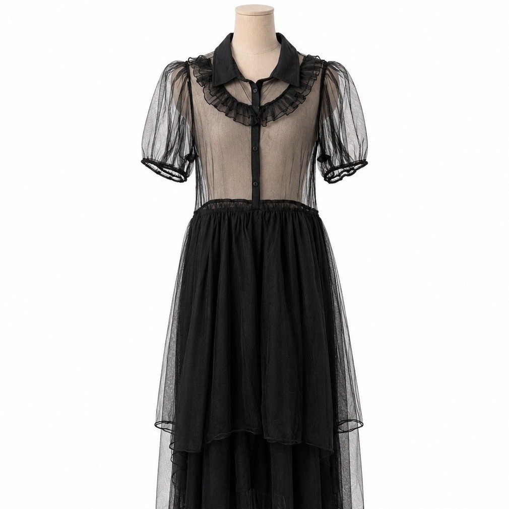 Disturbia Sheer Mesh Whimsigoth Maxi Dress Sz L Black Fairy Goblin Witchy Ruffle