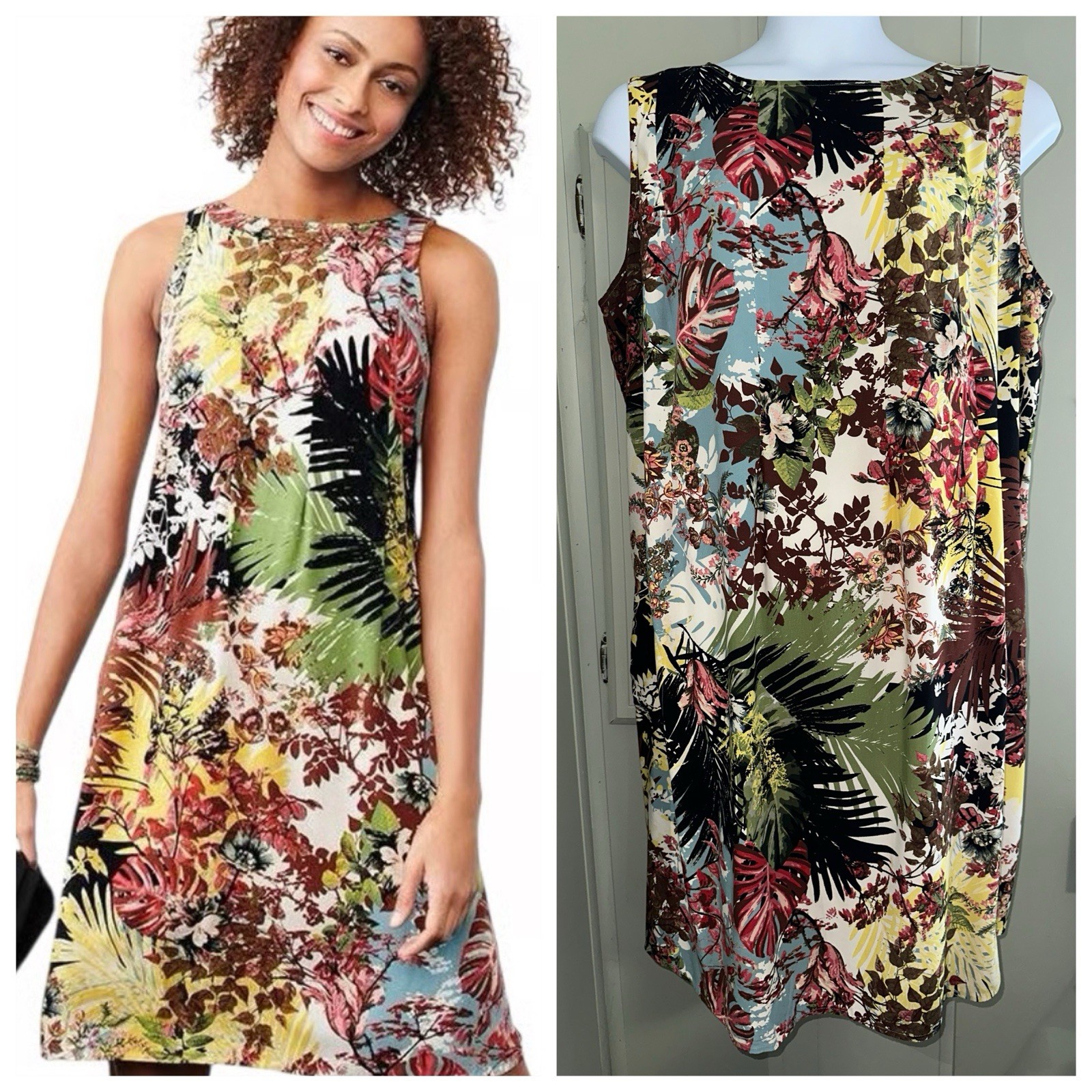 J.Jill 3x Sleeveless Shift Dress Tropical Pockets Botanical Palm Hawaiian Travel