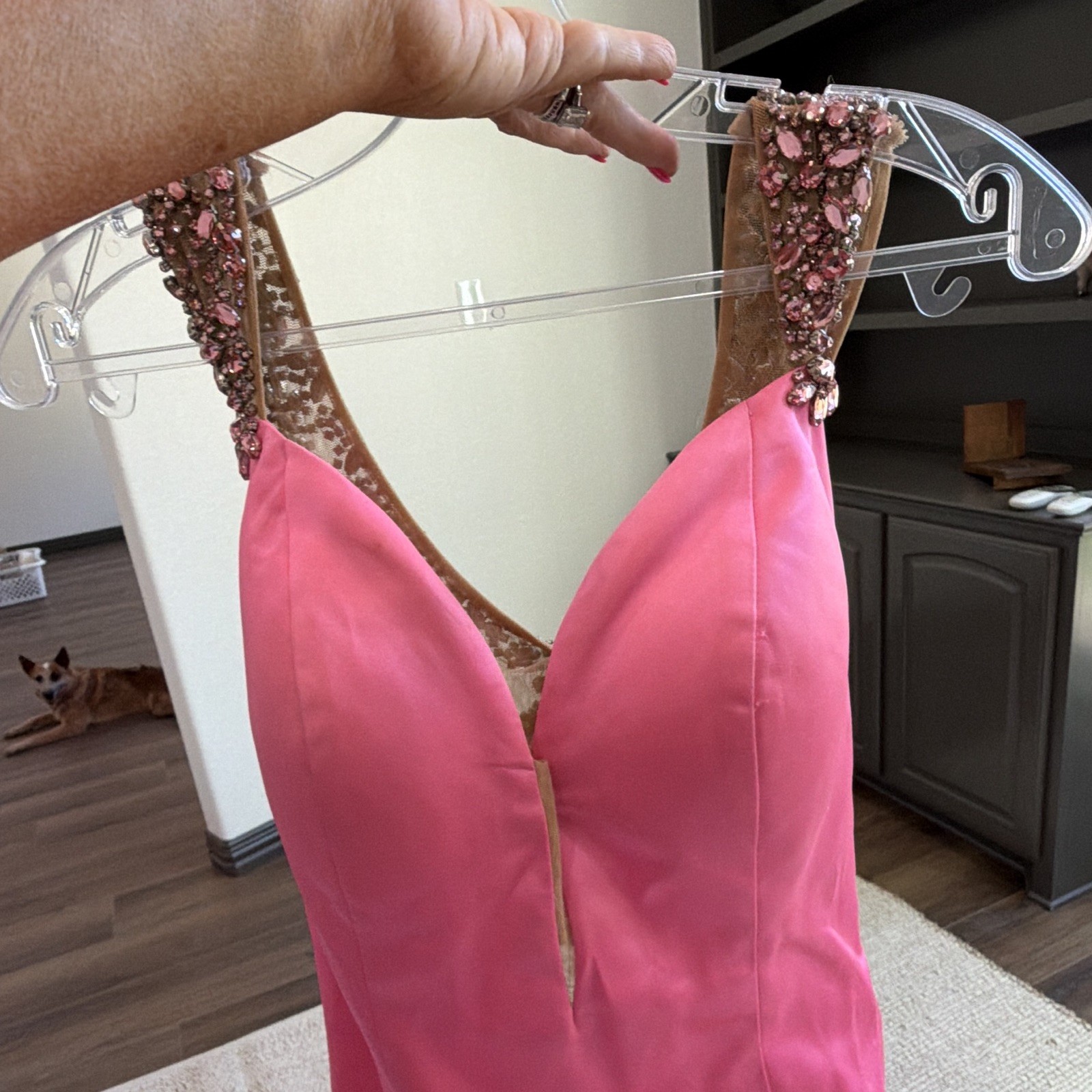 Sherri Hill Pink Satin V-Neck Beaded Sequin Strappy Long Gown Size 6