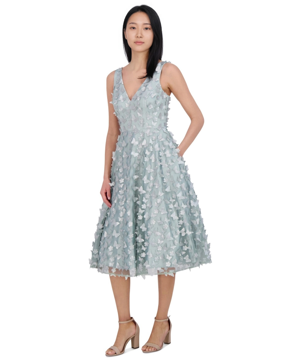Eliza J Women Petite Size 12P Sage Sleeveless Fit Flare 3D-Applique Dress