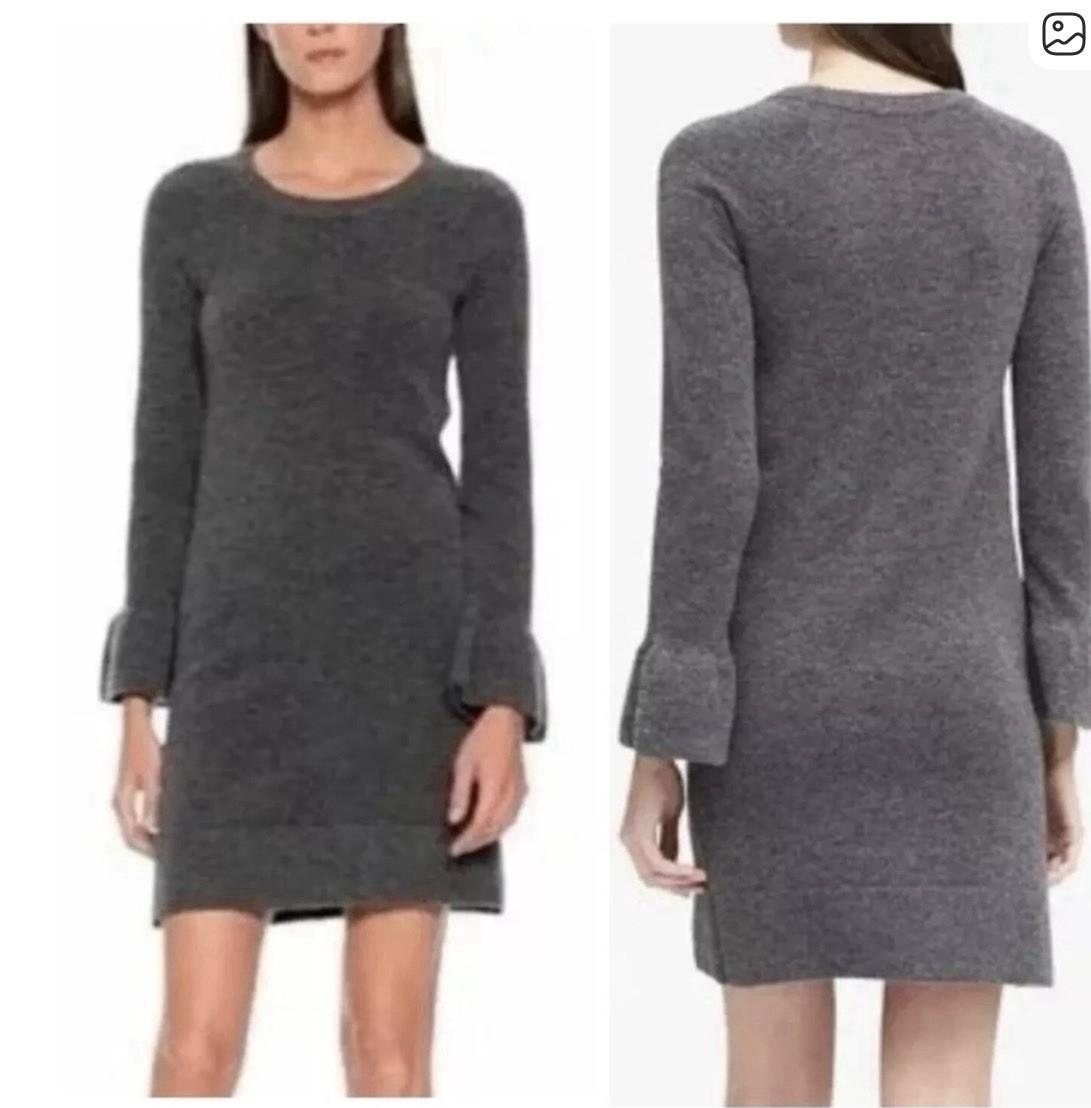 Banana Republic Grey Wool Blend Bell Ruffle Cuff Sweater Dress Size Small