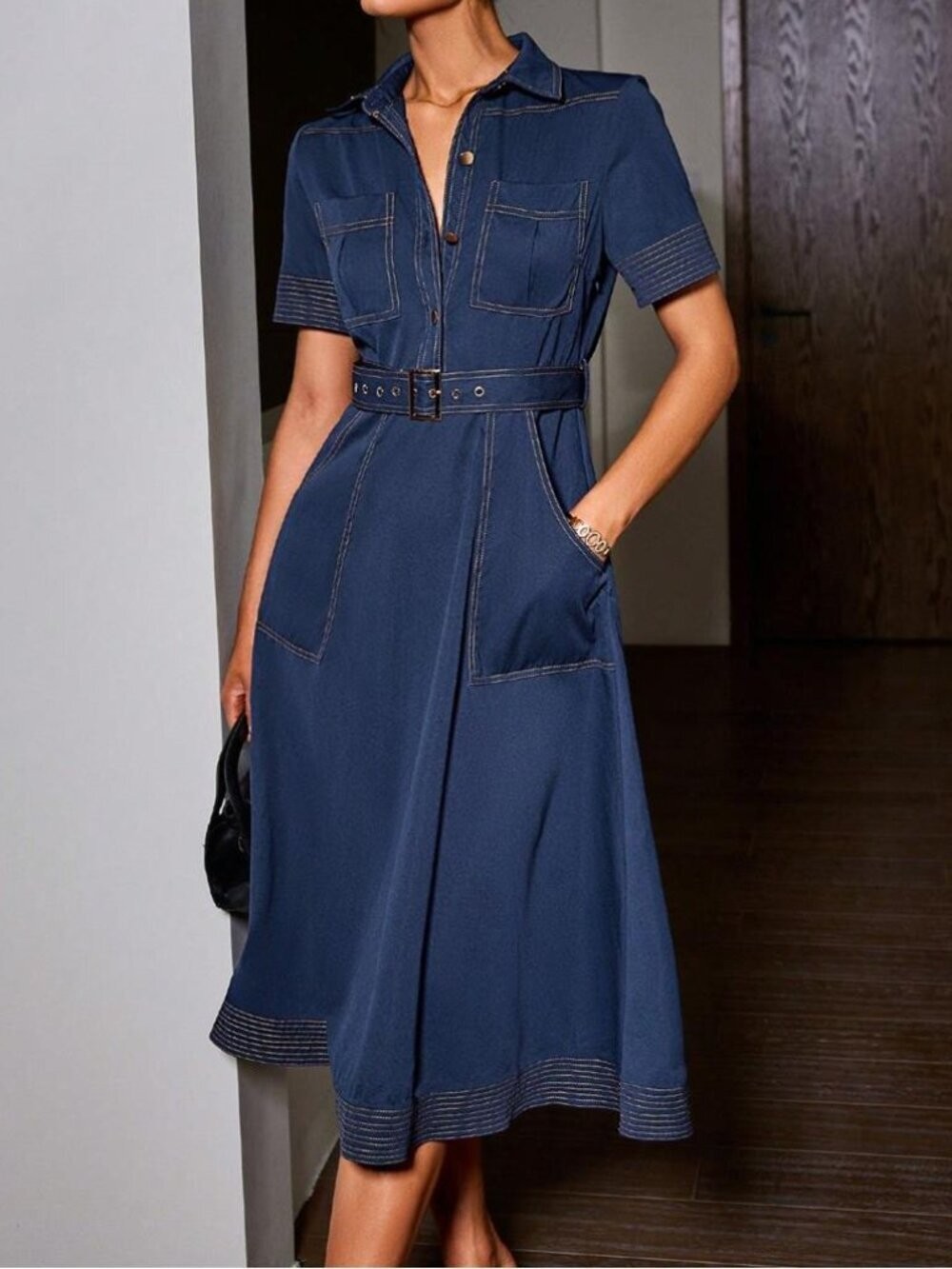 Vintage Inspired Blue Midi Shirt Dress | Elegant Collared Button Front Belted L