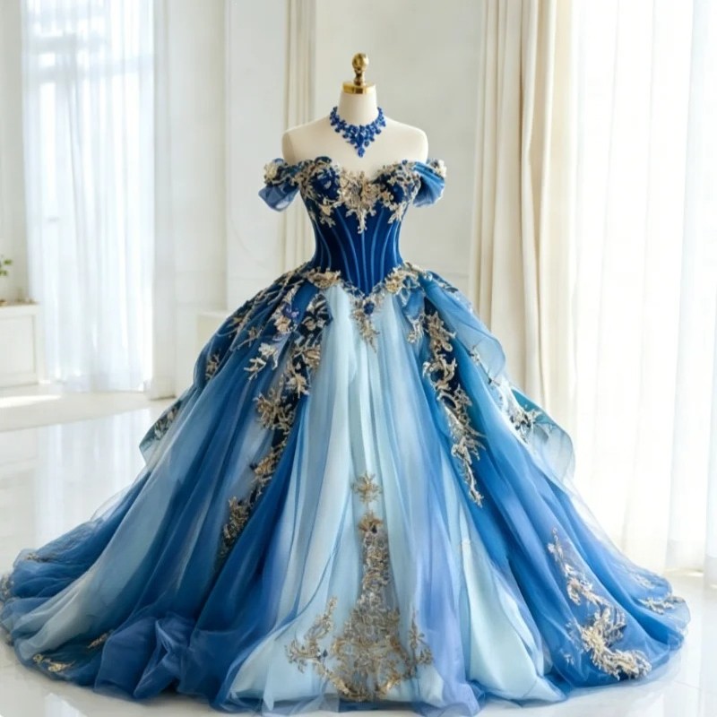 Victorian Blue Bridal Gown Off-the-shoulder Luxurious Gold Lace Embroidery