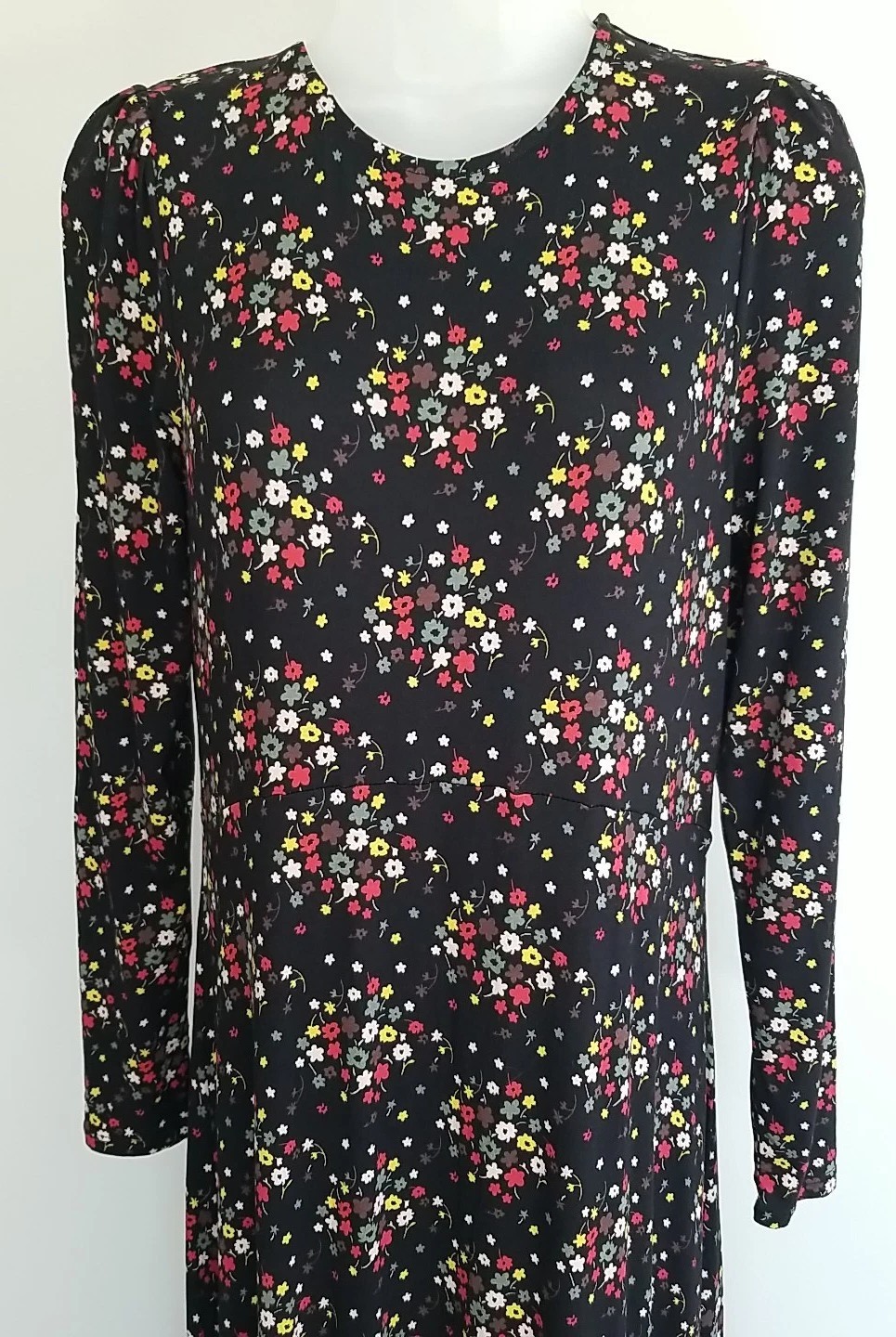 Boden Crew Neck Jersey Midi Dress US 6L 6 Black Floral Clusters Red Green Yellow