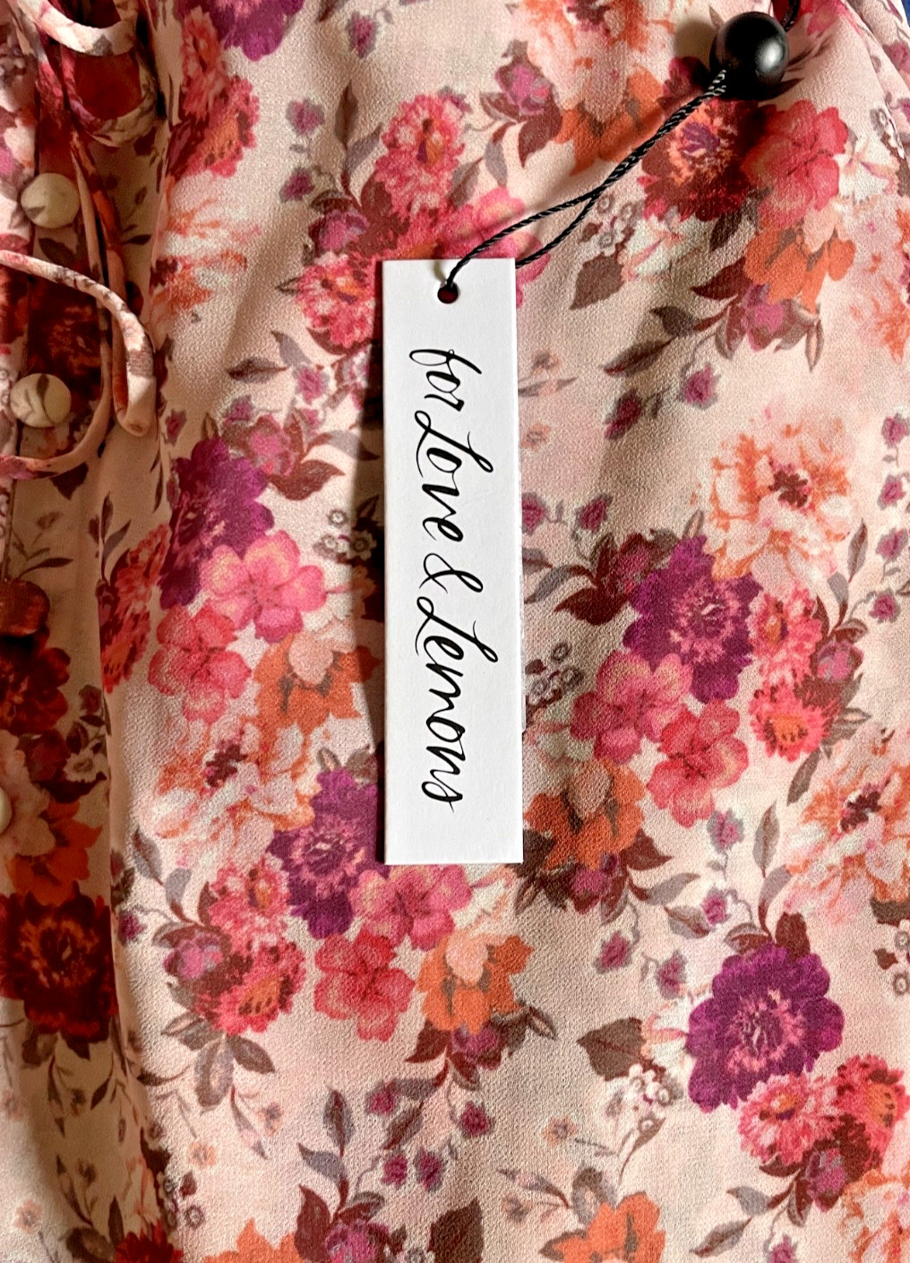 For Love & Lemons Evie Swing Mini Dress Pink Floral Tea Rose Ruched Lined Size M