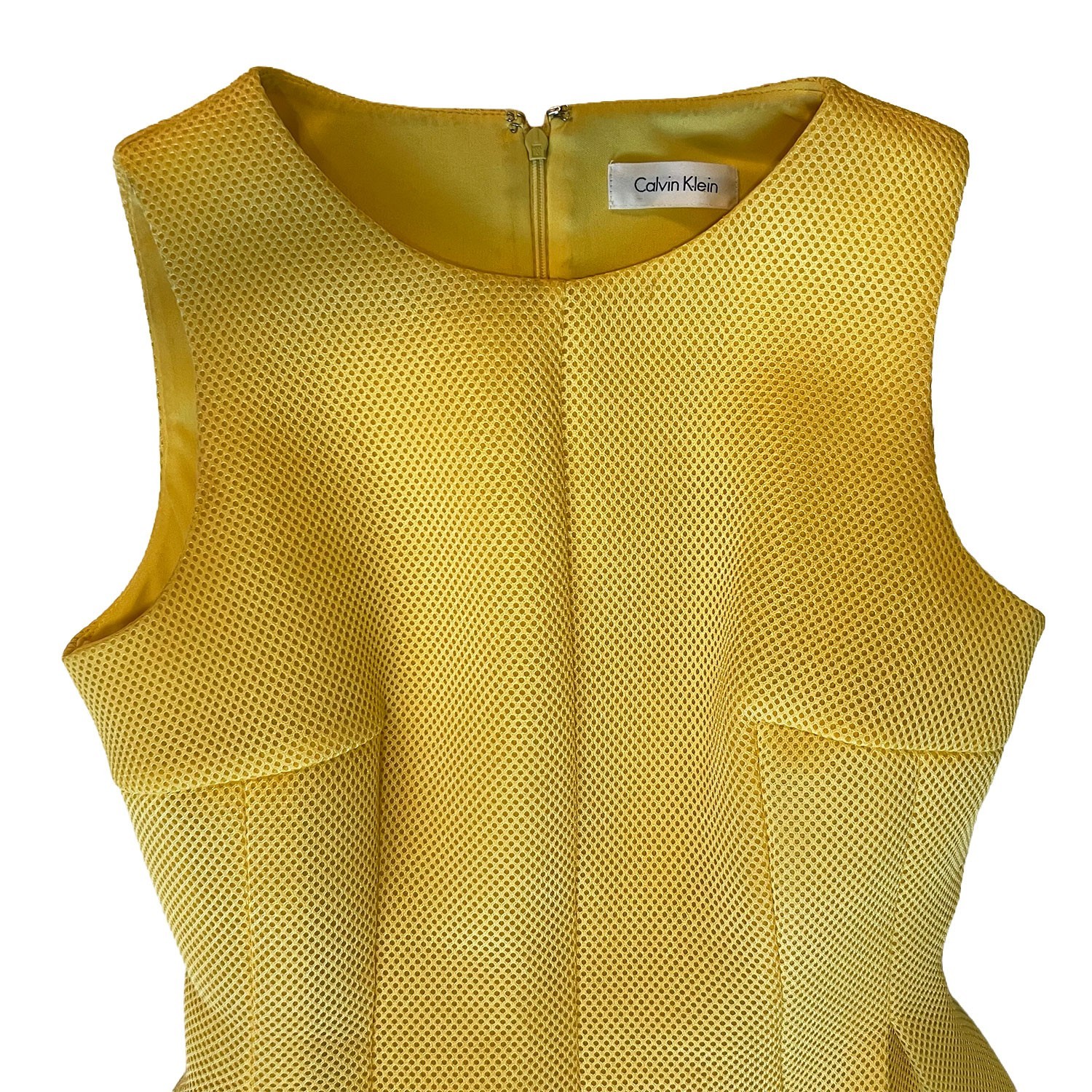 Calvin Klein Yellow Honeycomb Texture Sheath Pique Dress Sleeveless Pleated Sz S