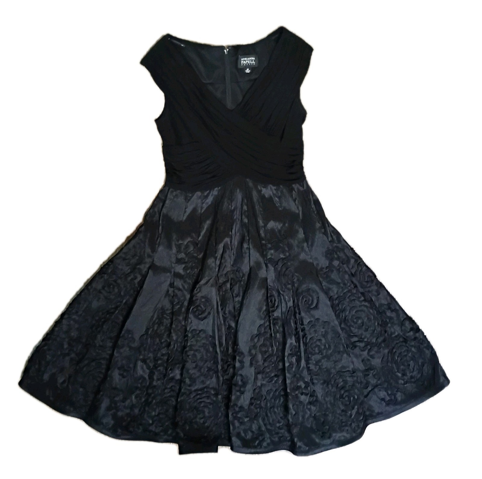 Adrianna Papell Petite Women’s 4P Black Fit Flare Party 50s Rose Cocktail Dress