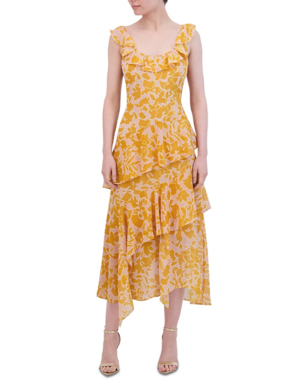 BCBGMAXAZRIA Asymmetric Tiered Midi Dress MSRP $298