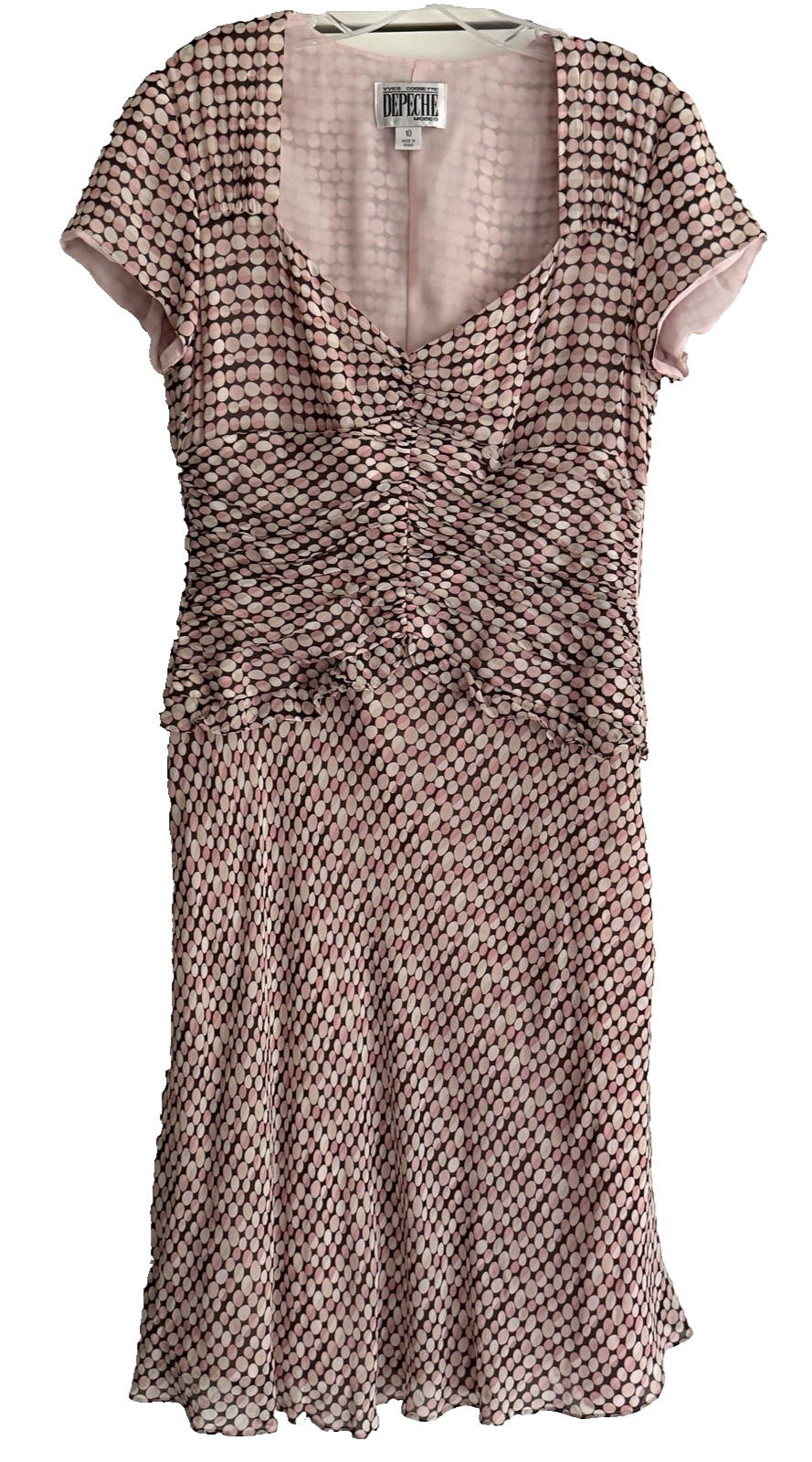 Yves Cassette Depeche Mode Sz 10 Pink White Tan Brown Geometric Print Dress Silk