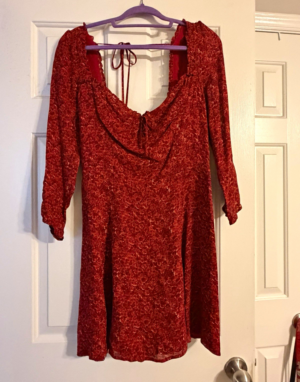 REFORMATION Red Floral Square Neck Puff 3/4 Sleeve A-Line Short Dress 12