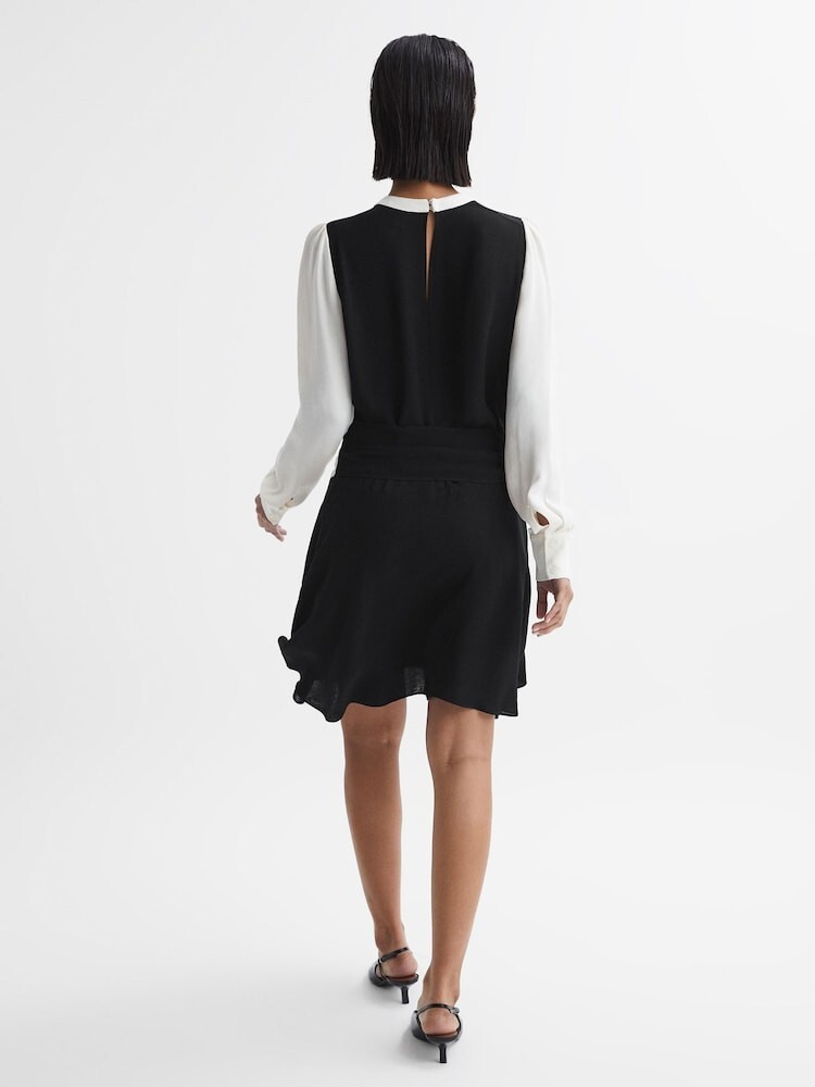 REISS Sadie Colourblock Belted Mini Dress in Ivory/Black