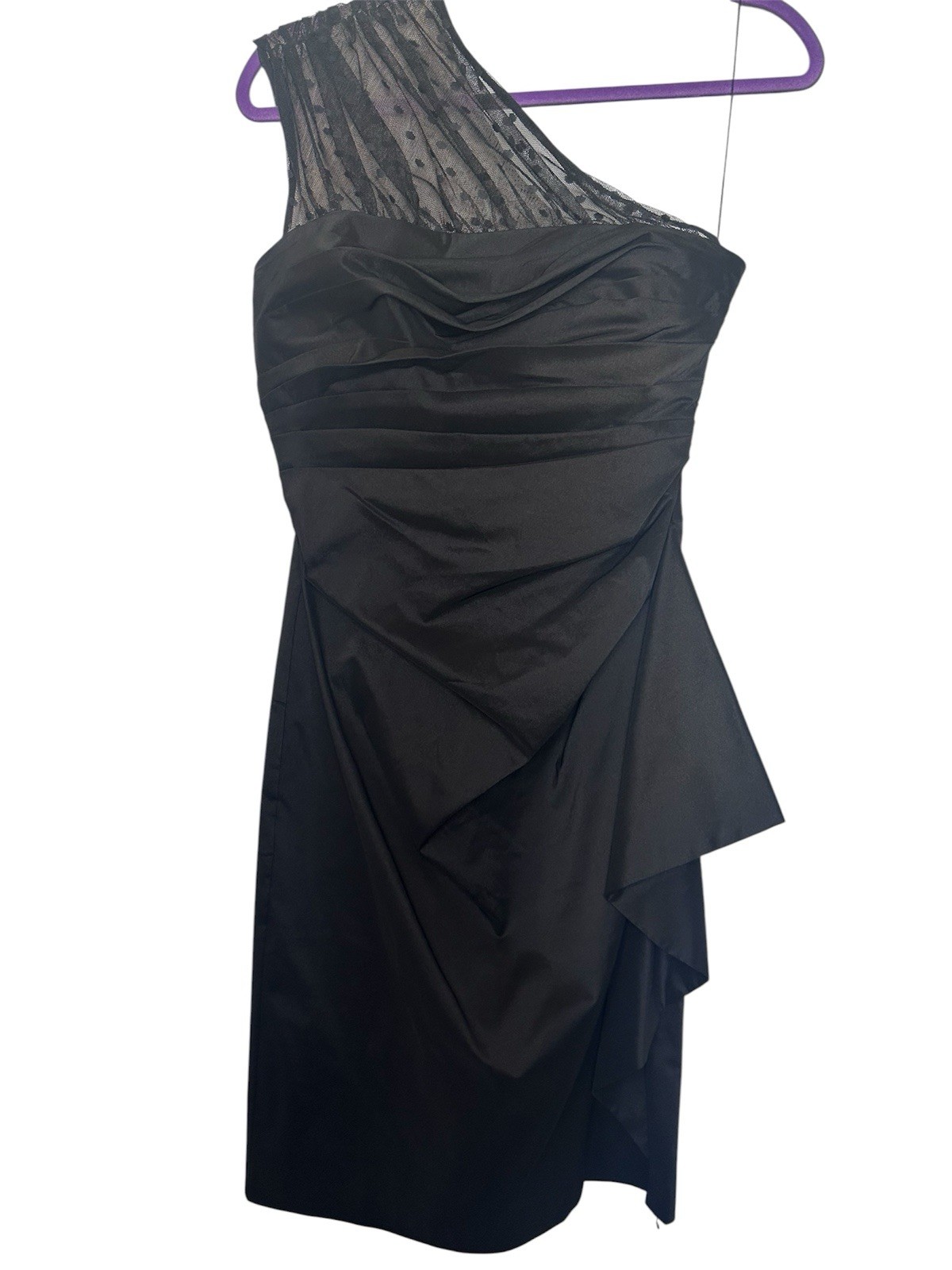 Maggy London One Shoulder Sheath Dress SZ 6 Black Sheer Dot Shoulder Cocktail