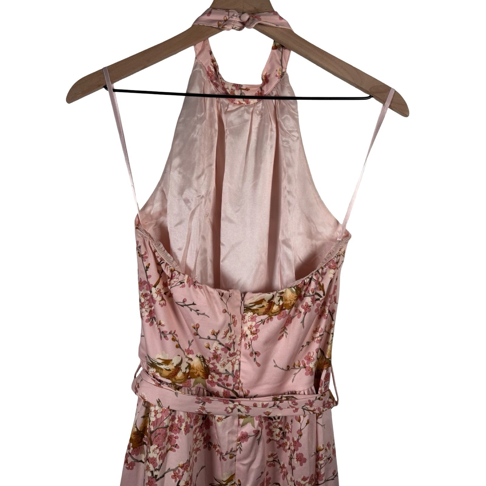 Vintage Moods 90s Cherry Blossom Bird Print Halter Neck Dress 6 Made in USA