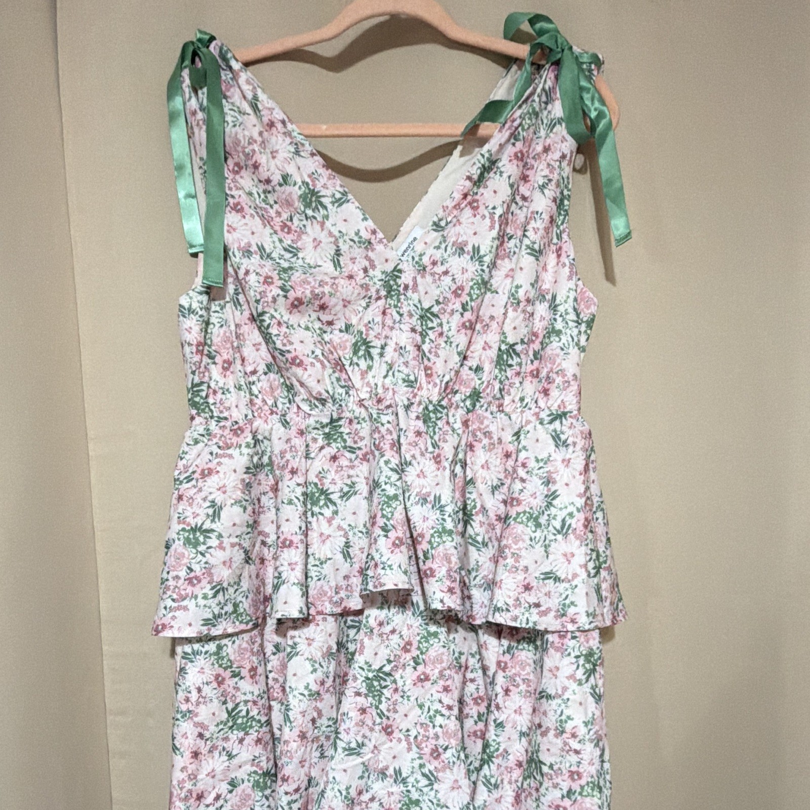 Wenrine Women’s Pink/Green/White Floral V-Neck Sleeveless Maxi Dress XL