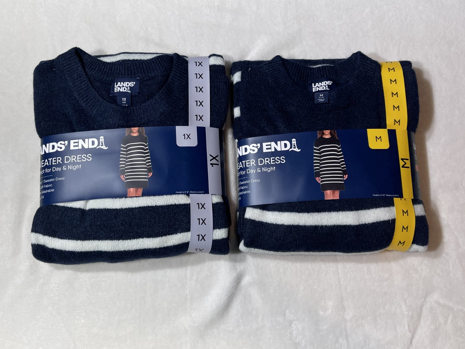Lands’ End Women’s Sweater Dress Navy Stripe NWT Machine Washable Sizes M & 1X