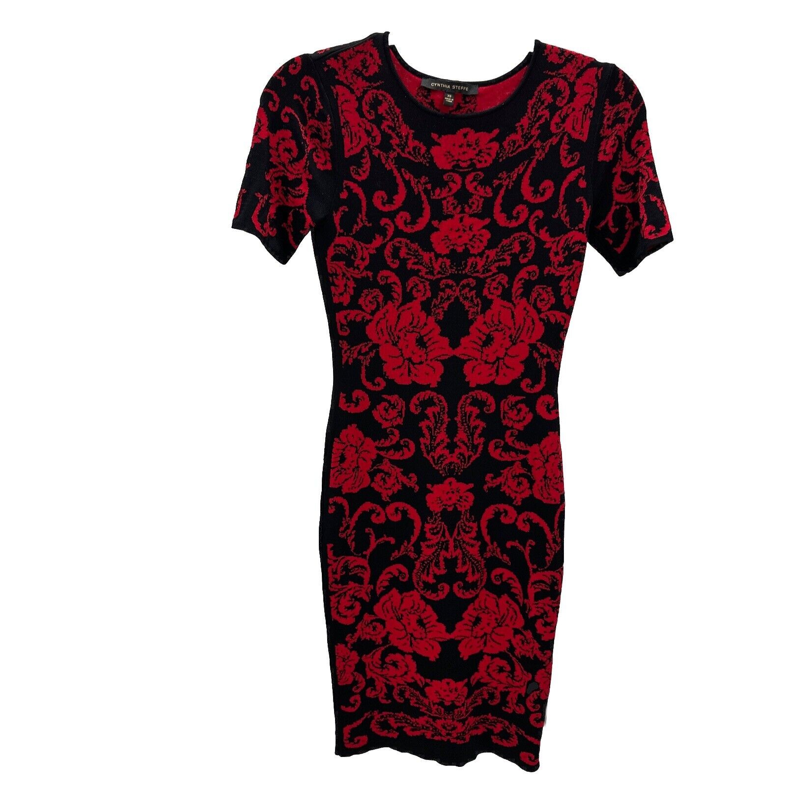 Cynthia Steffe Black Red Floral Knit Sheath Dress XS Short Sleeve Party Cocktail