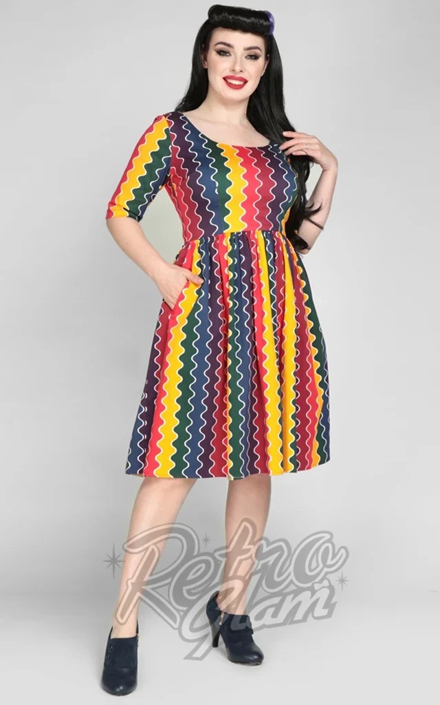 Modcloth Collectif Rainbow Stripe Wave Pride Swing Dress UK 10 Half Sleeve