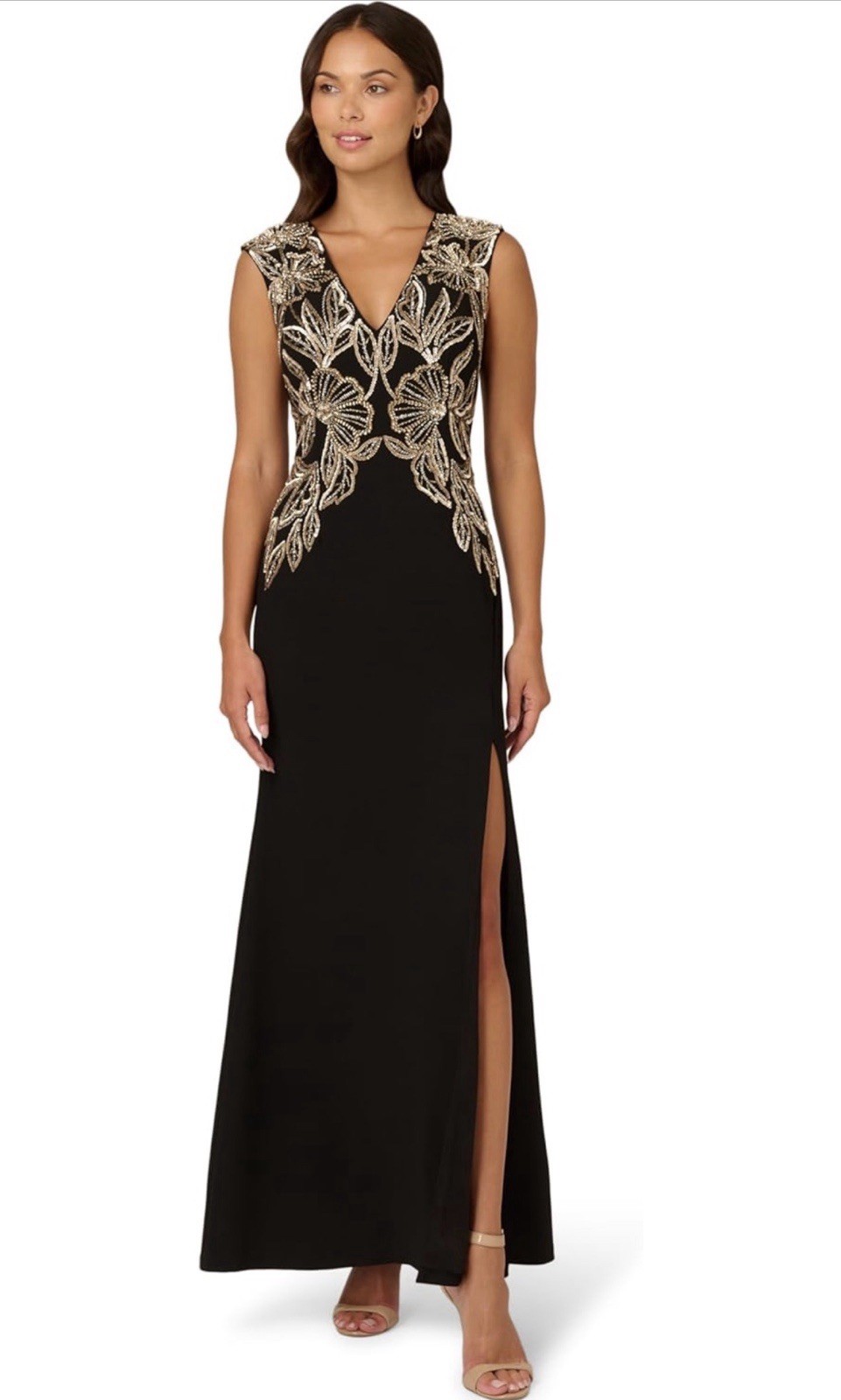 Adrianna Papell Beaded Sequin V Neck Crepe Long Gown Size 16 NWT $299