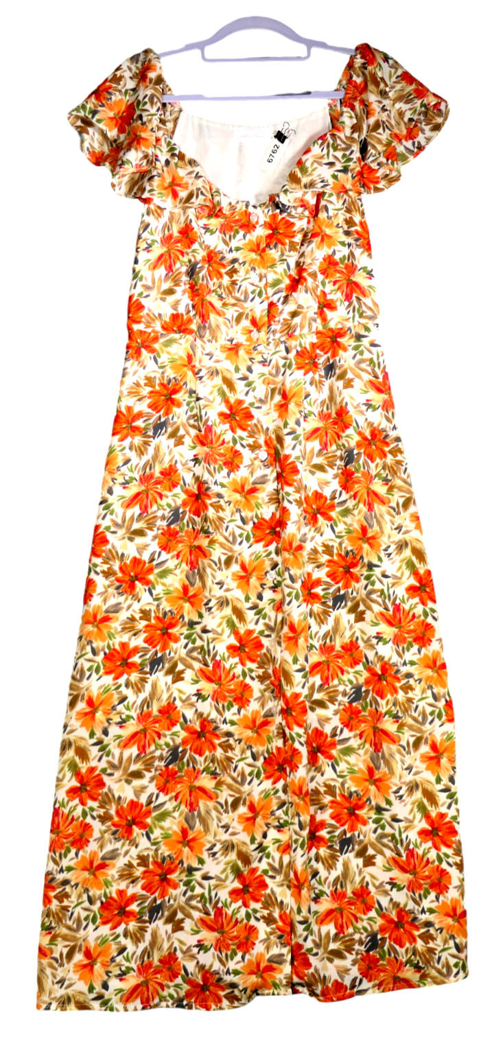 All In Favor Maxi Dress Womens M Orange Green Floral Ruffle Button Front Boho