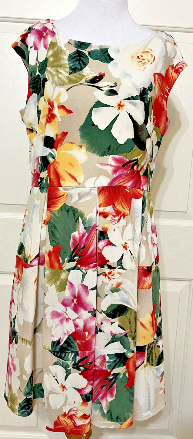 Tiana B size 12 beige red green white floral sleeveless A-line dress women’s