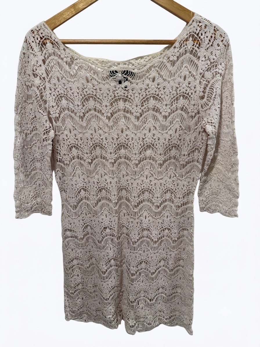 Lauren Ralph Lauren Cream Crochet Lace Overlay Dress 3/4 Sleeve Size Large
