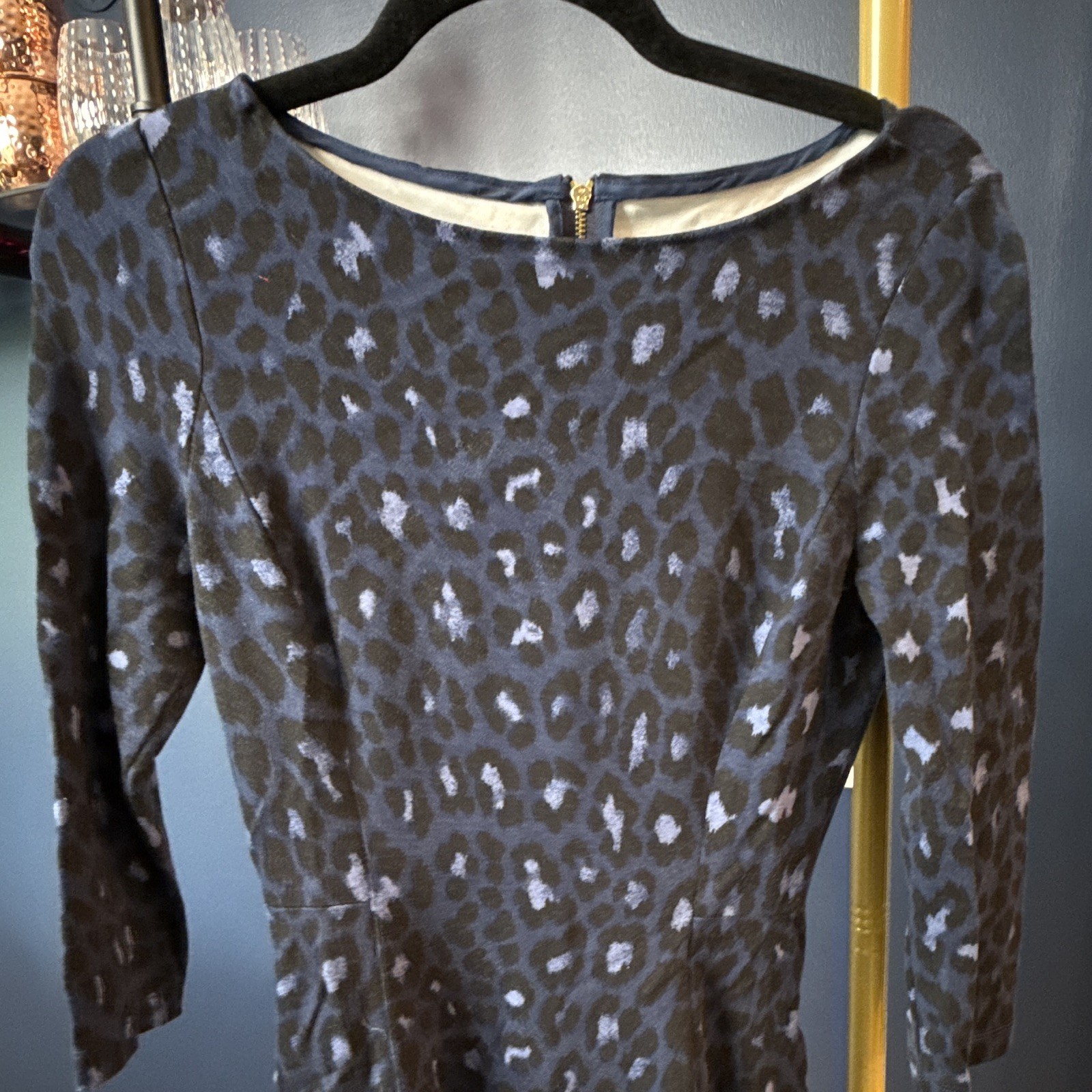 kate spade new york 2 Blue Black Leopard Fit & Flare Dress Round Neck Zip
