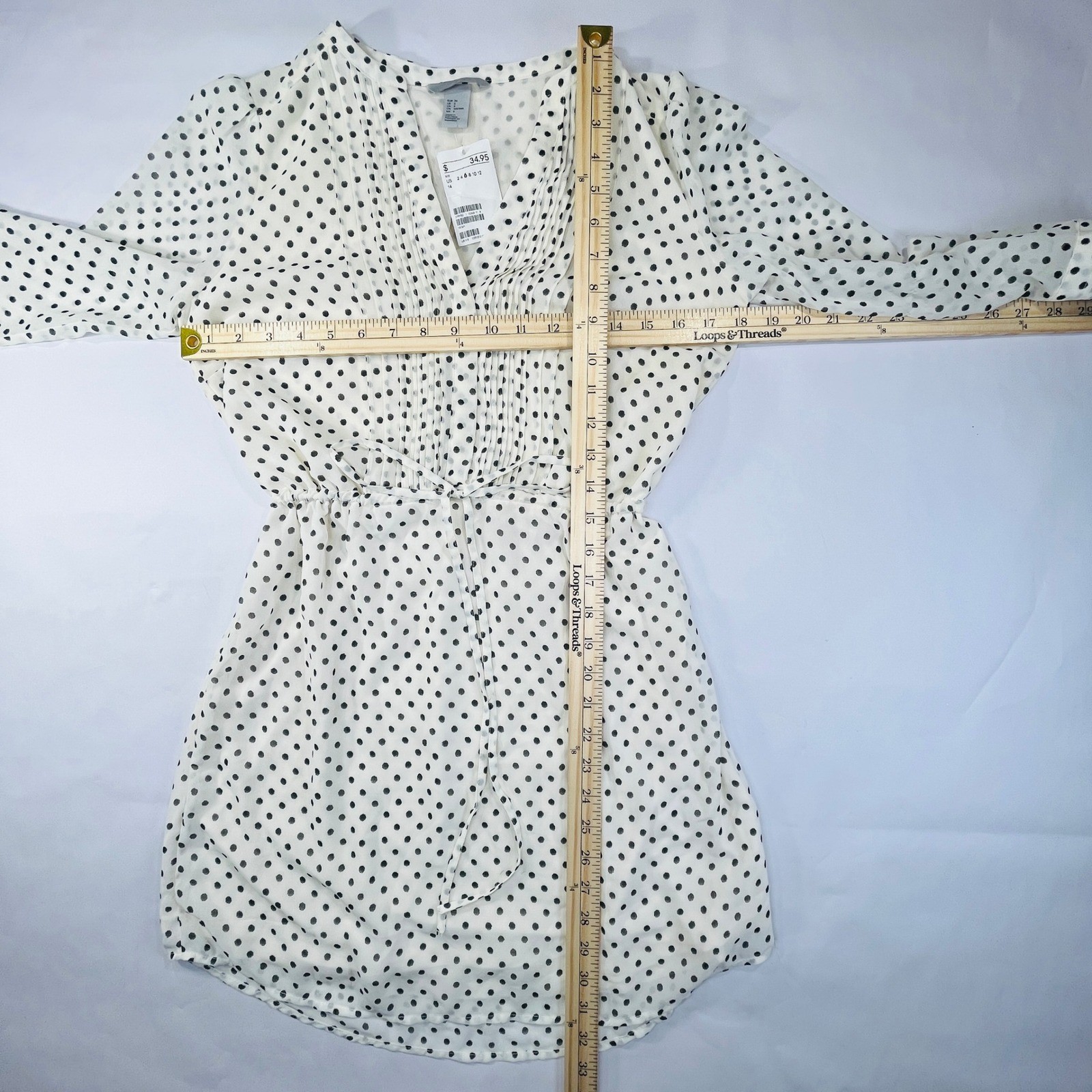 NWT H&M Polka Dot Dress Womens 6 Cream Black V Neck 3/4 Sleeve Lightweight Midi