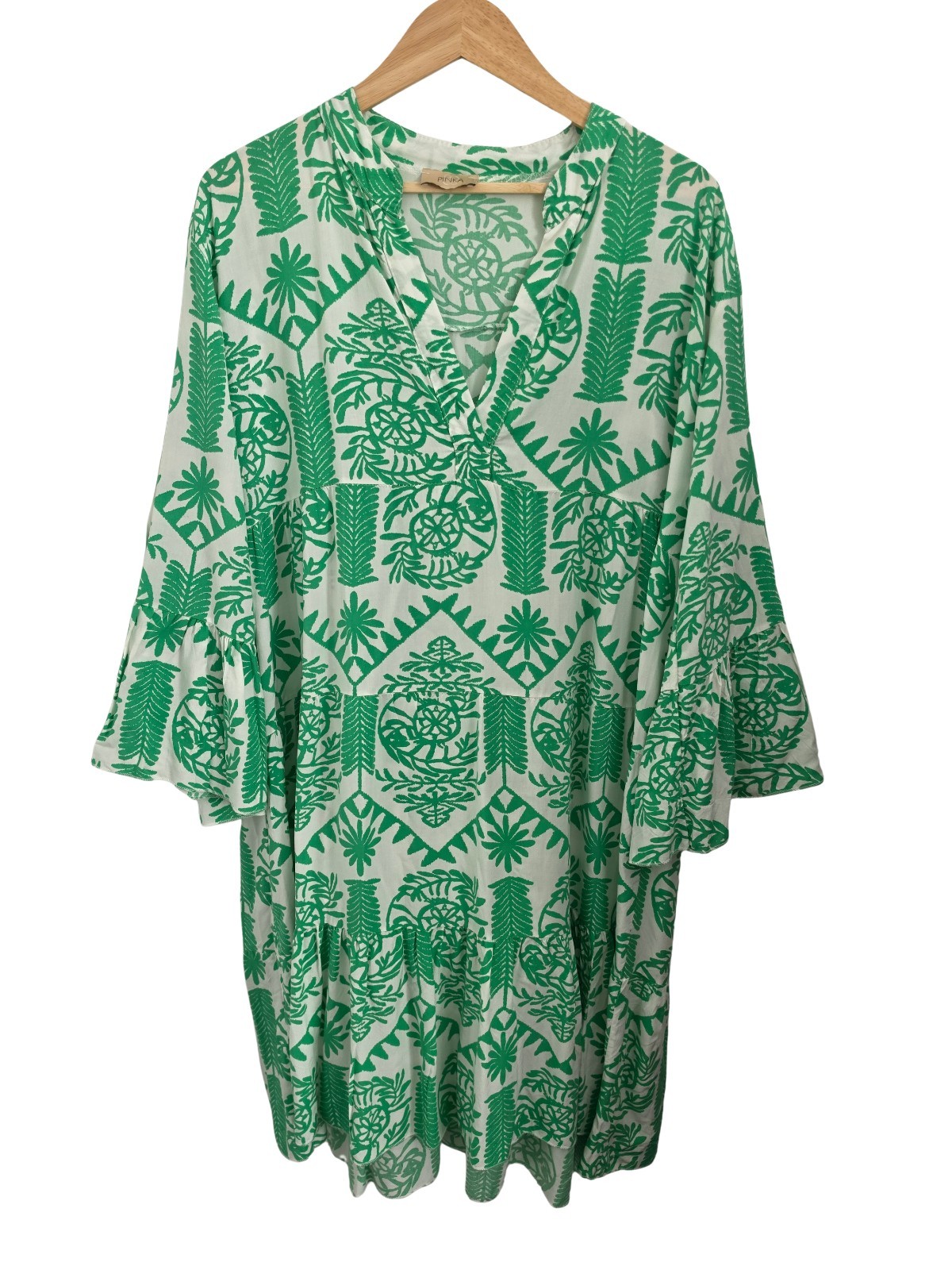 Pinka One Size Tropical Leaf Print Tunic Dress Green White Made in Italy Viscose