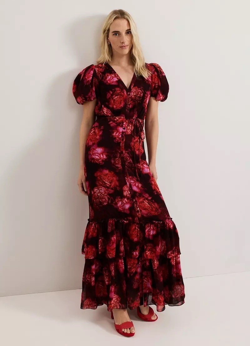 Phase Eight Floral Chiffon Maxi Dress V-Neck Tie Waist Puff Sleeve UK 8 RRP £179